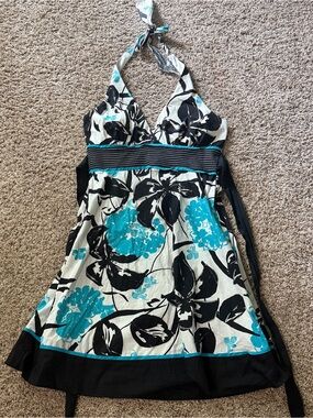 Turquoise & Black Floral Halter Dress